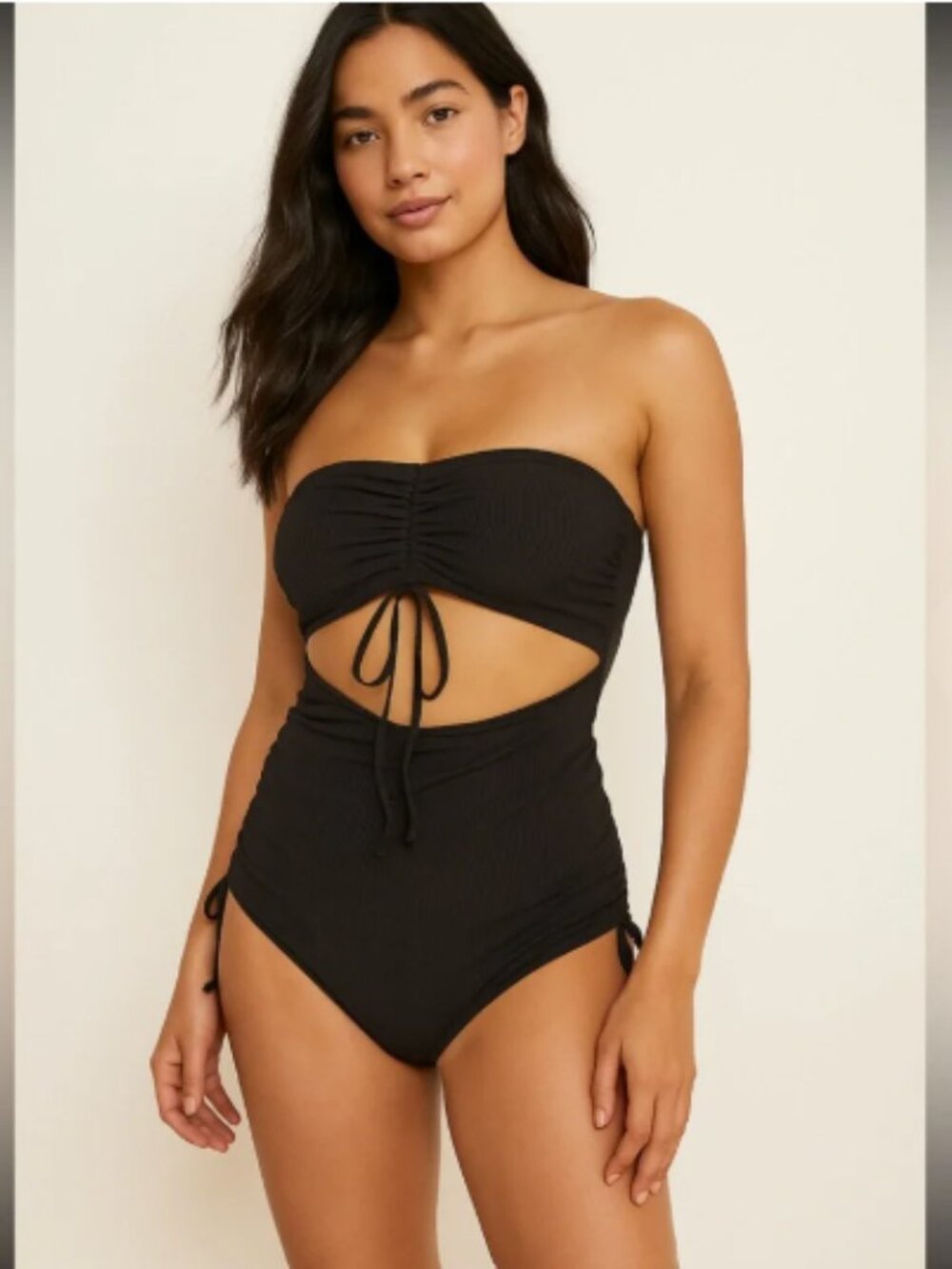 Aerie Black Strapless One Piece Full Coverage Swimsuit, Cutout - Size M